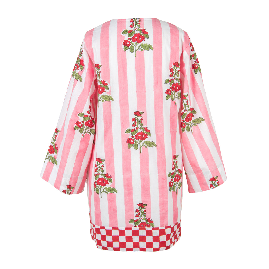 Pink and white striped shirt with floral patterns on a white background