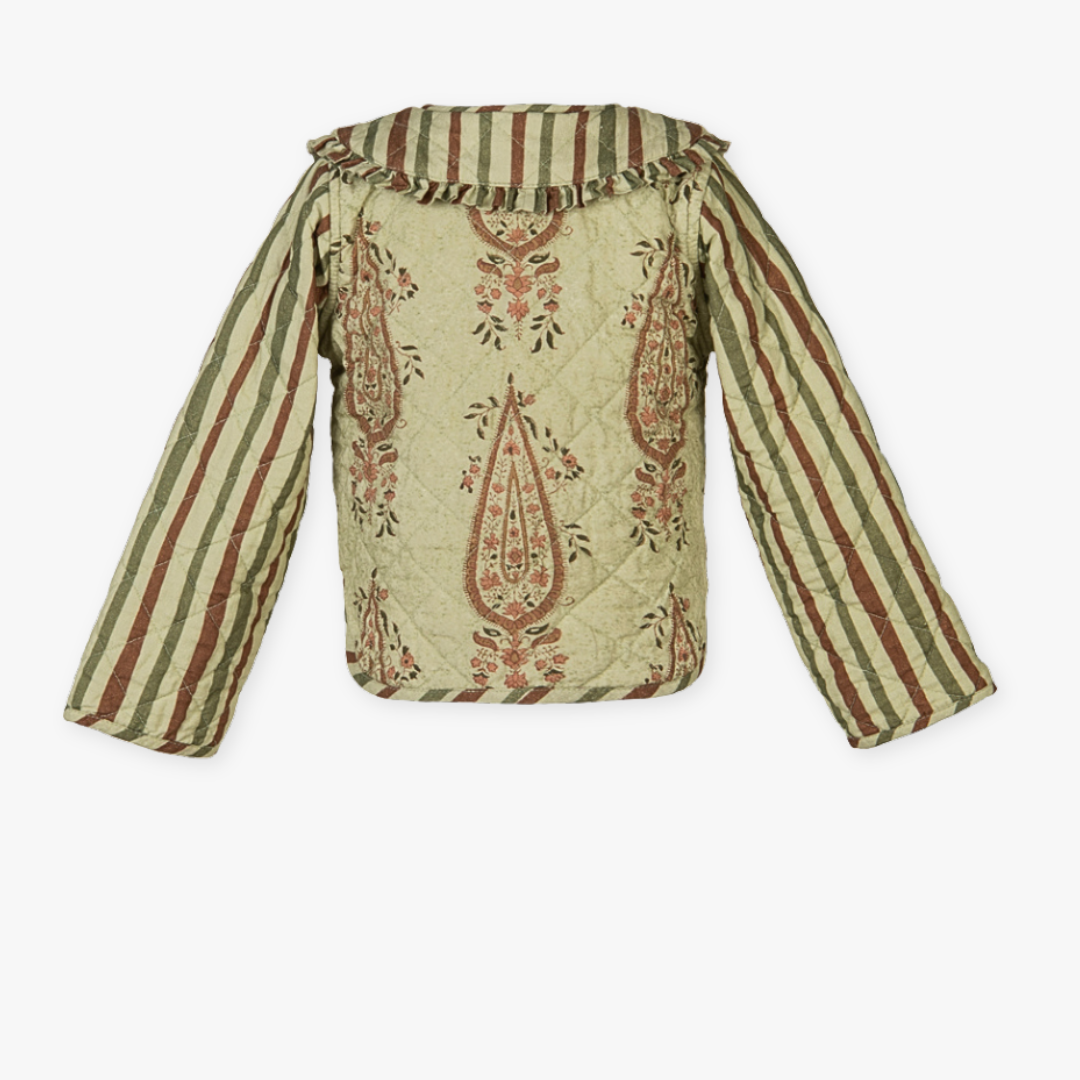 Striped jacket with long sleeves in stripes and block print on a forest green background