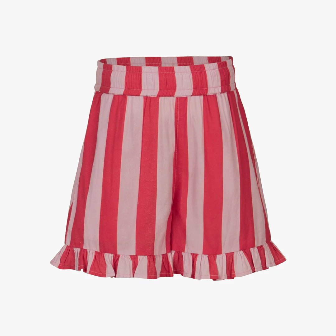 Pink and Red vertically striped shorts with a ruffled hem and elastic waistband.