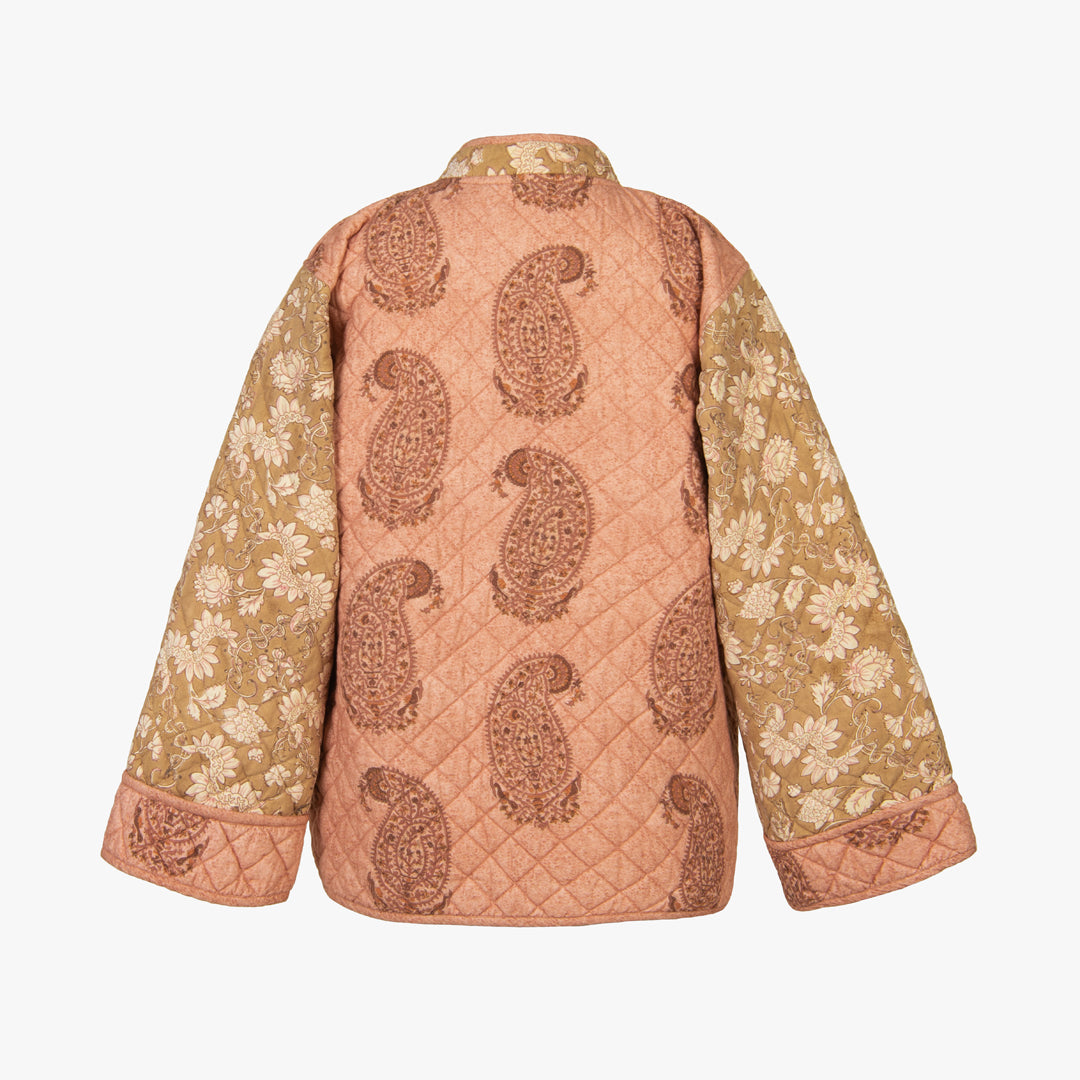 Traditional quilted jacket with paisley and floral patterns on a white background