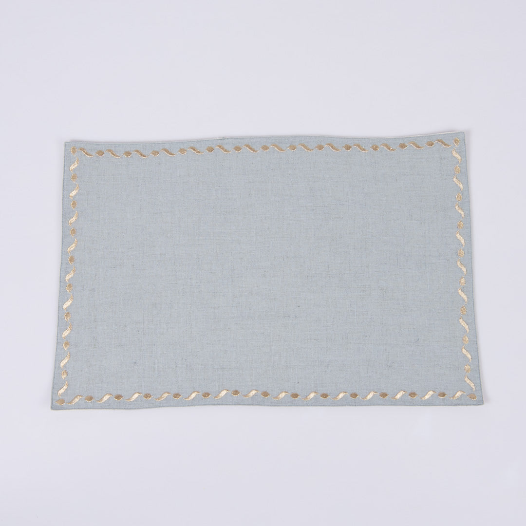 Gold embroidered aqua grey linen table mats