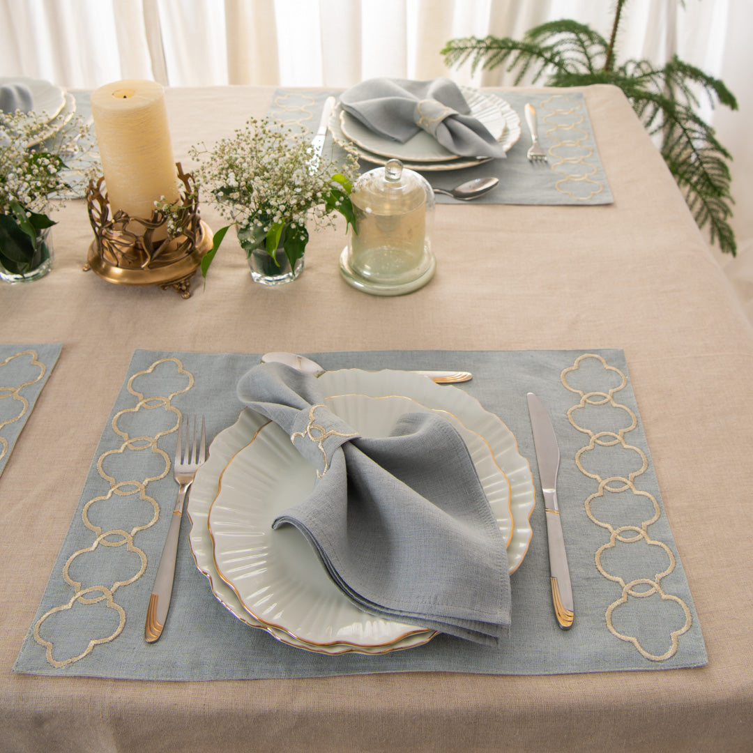 Oporo embroidered Table linen set Aqua Grey