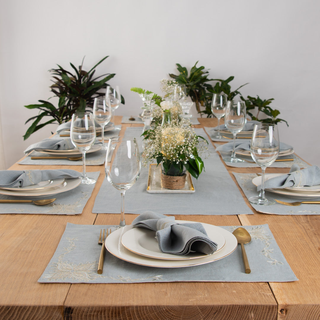Otago gold embroidered table linen set aqua grey