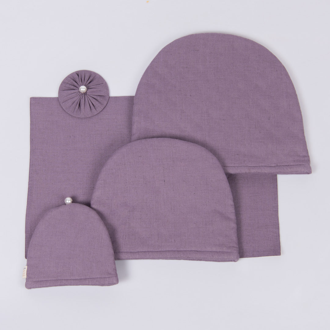 Amethyst Smoke linen tray mat, tea cosy, milk cosy and glass cover