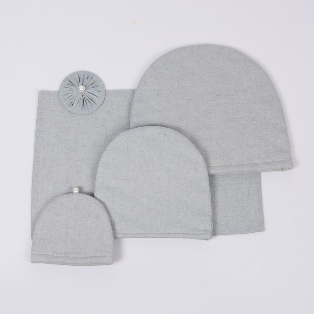 Aqua Grey linen tray mat, tea cosy, milk cosy and glass cover