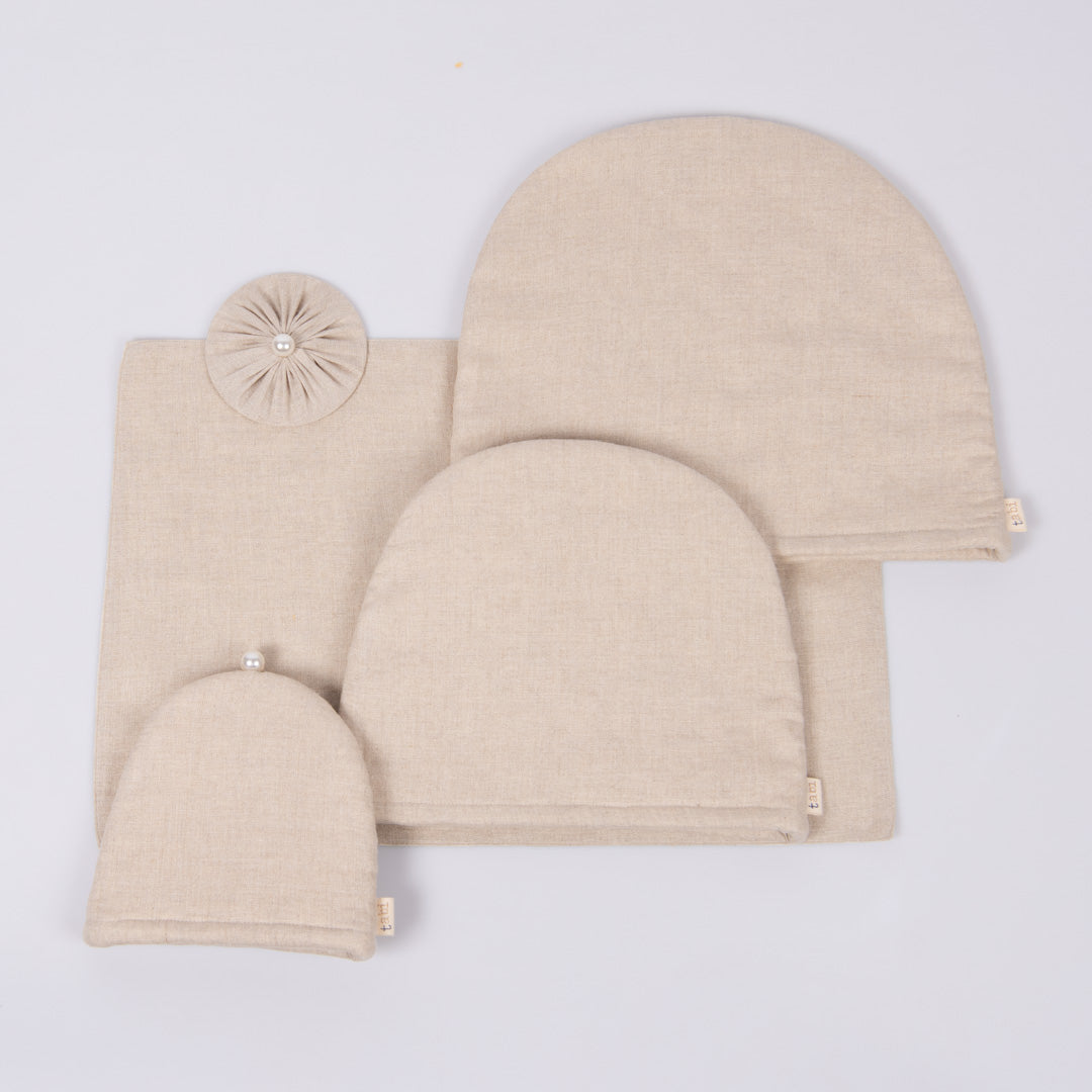 Natural linen tray mat, tea cosy, milk cosy and glass cover
