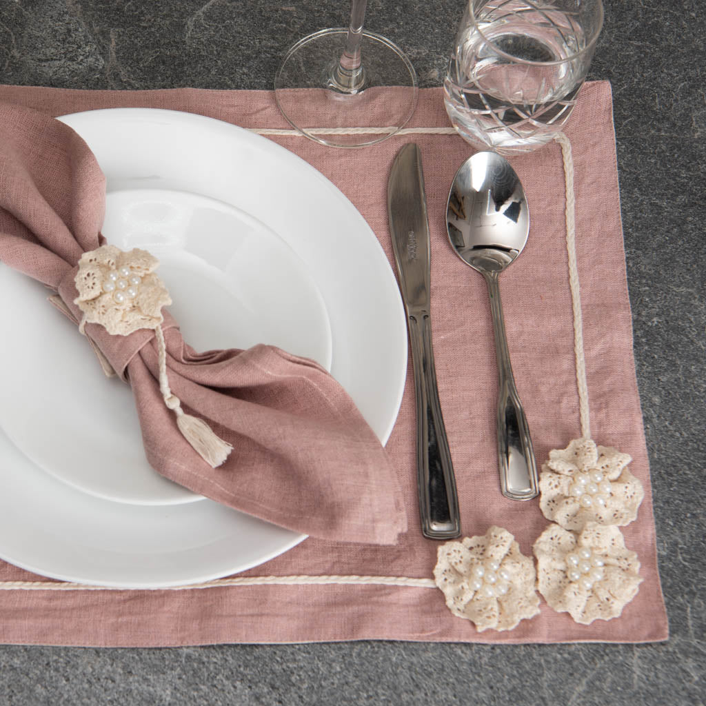 Dusty rose linen table mats with crochet detailing