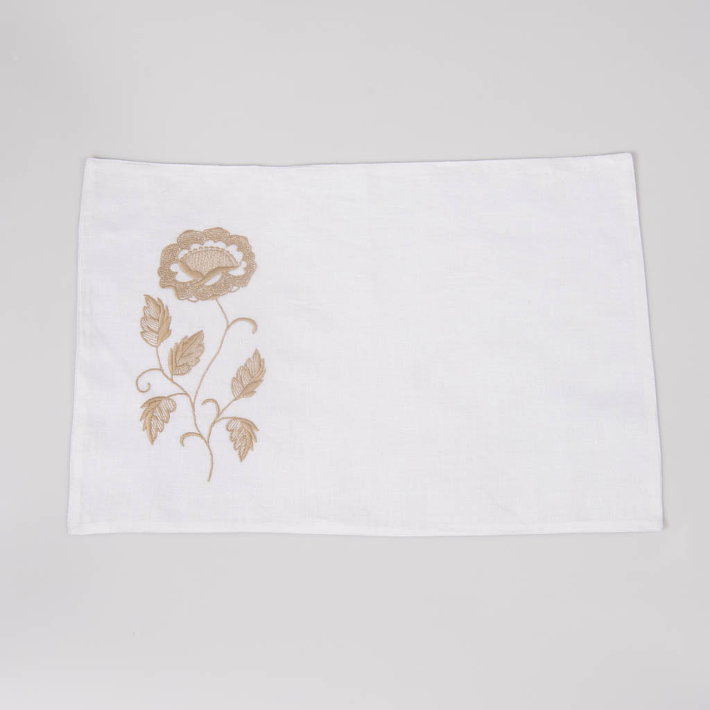 Embroidered white linen table mats