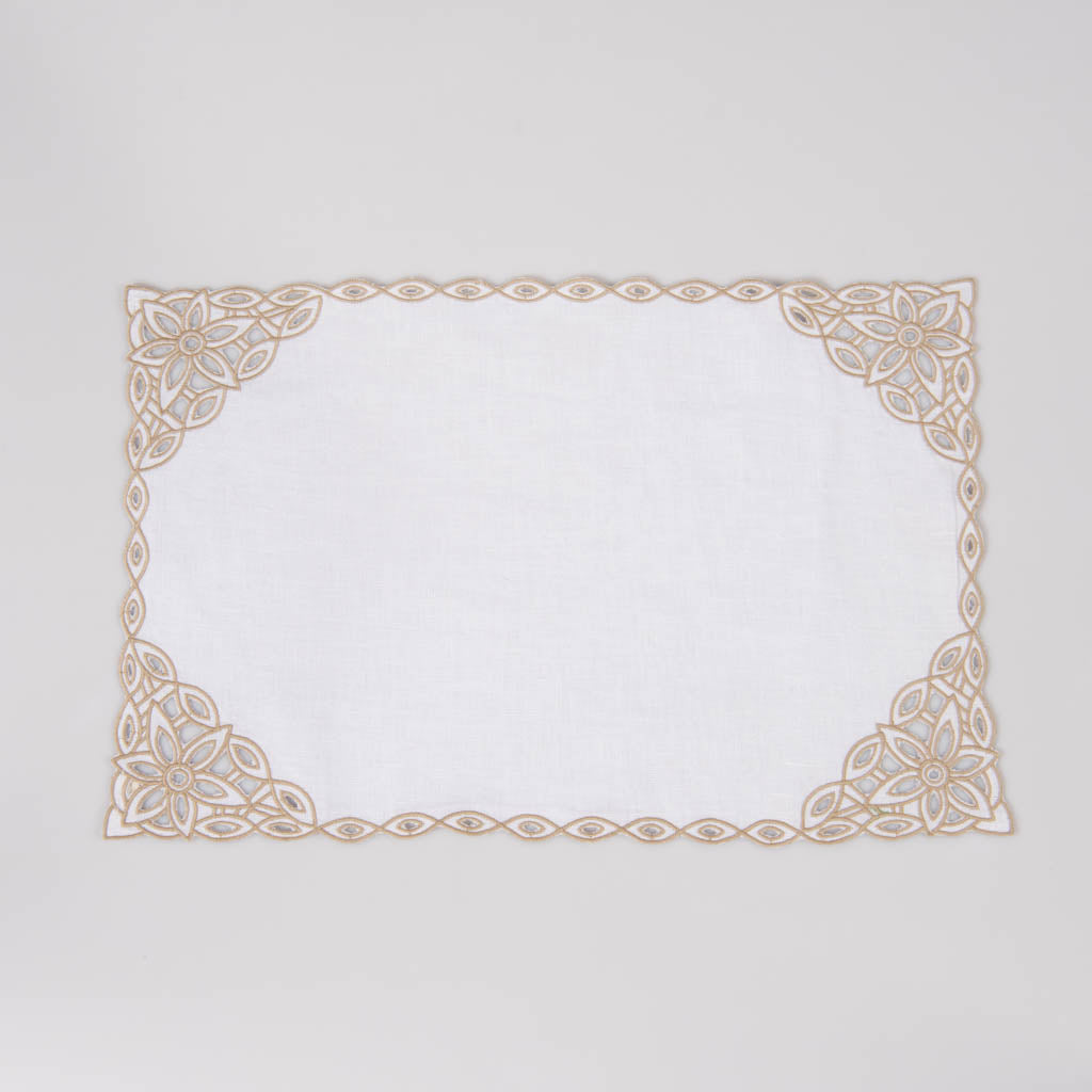 Cutwork edged white linen table mats