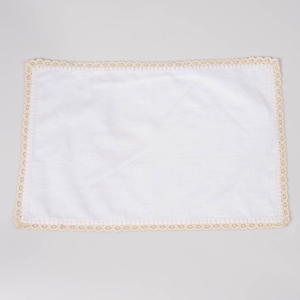 Lace edged white linen table mats