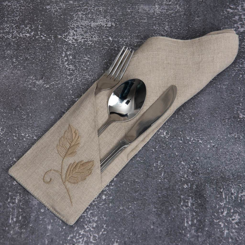 Embroidered natural linen double pocket cutlery holders