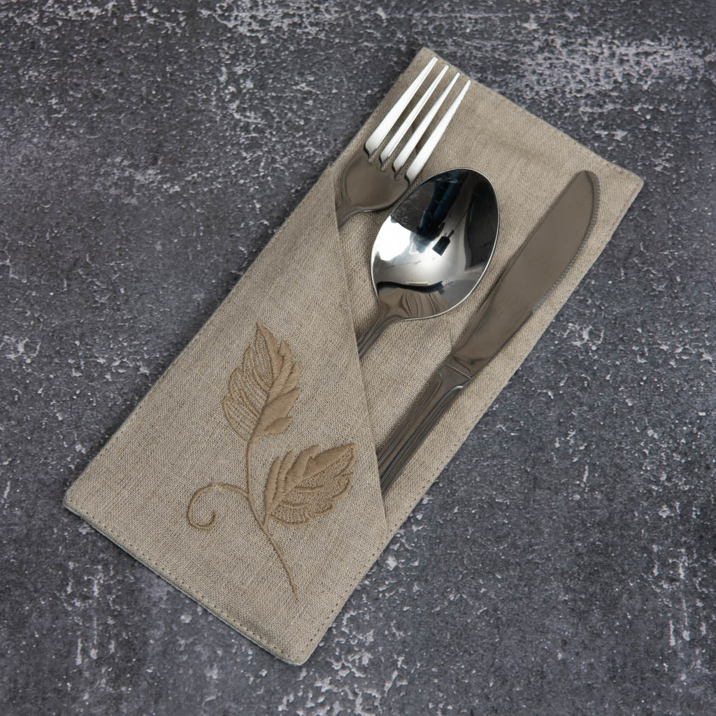 Embroidered natural linen double pocket cutlery holders