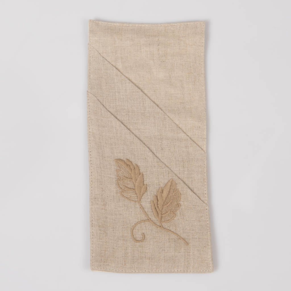 Embroidered natural linen double pocket cutlery holders