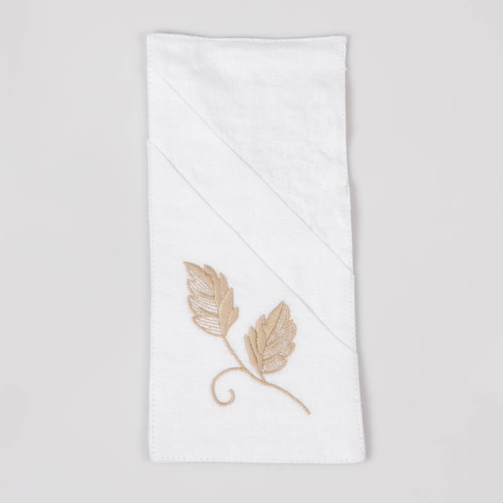 Embroidered white linen double pocket cutlery holders