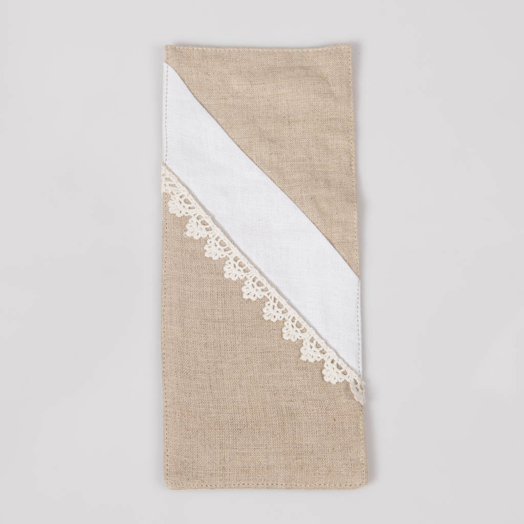 Lace embellished linen double pocket cutlery holders