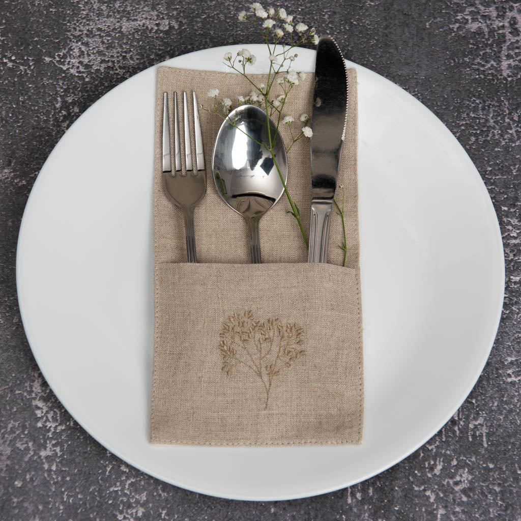 Embroidered natural linen single pocket cutlery holders