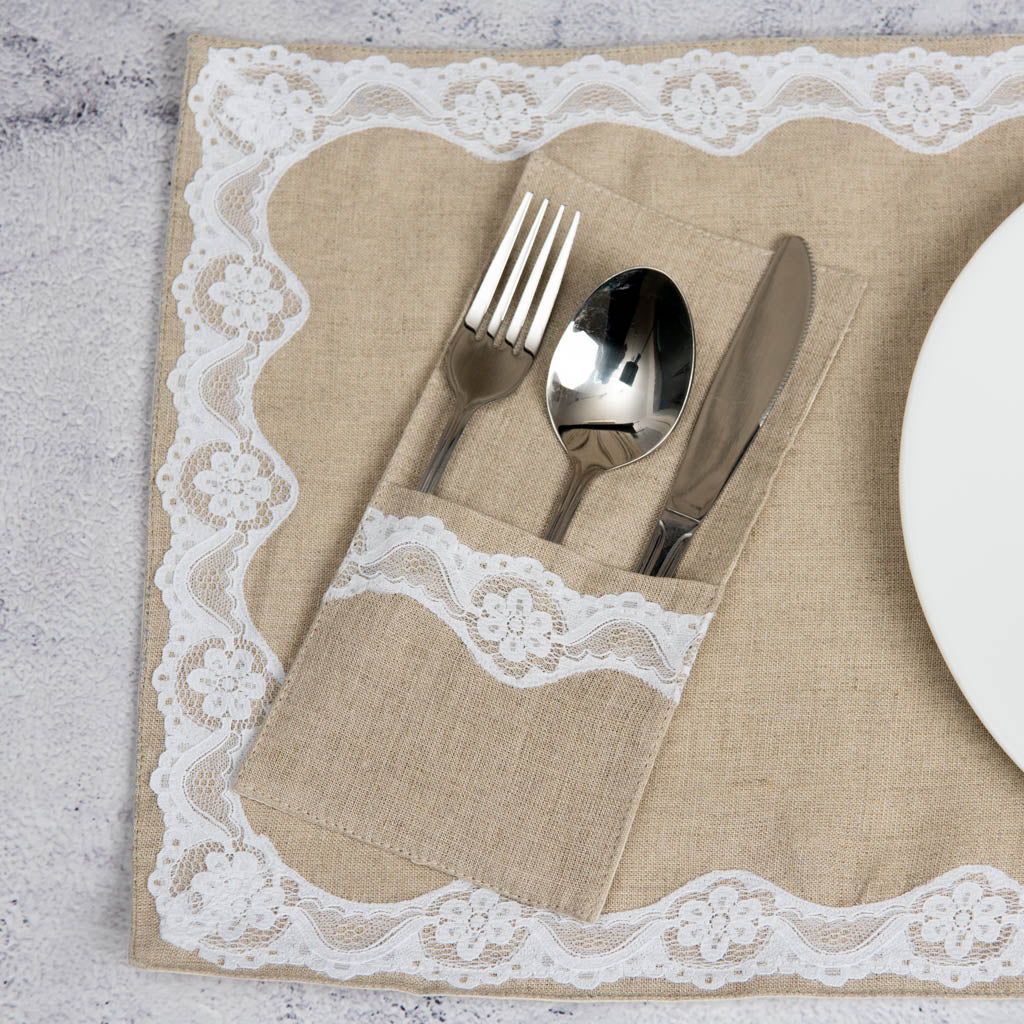 Lace edged natural linen single pocket cutlery holders