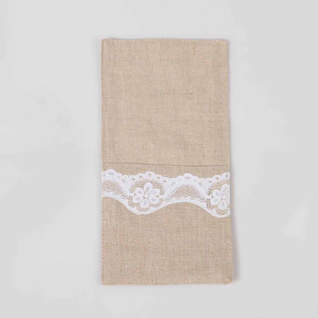Lace edged natural linen single pocket cutlery holders