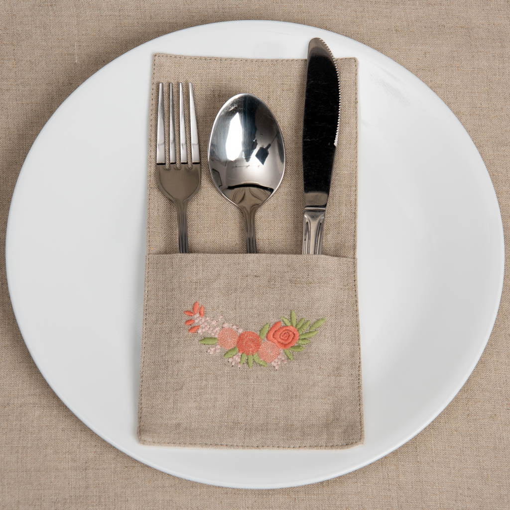 Embroidered natural linen single pocket cutlery holders