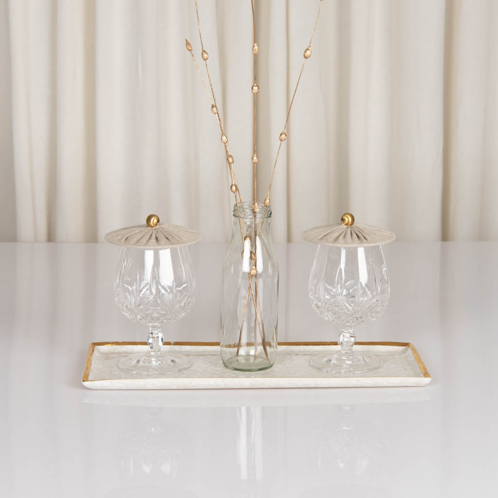 Glass covers in natural linen with gold bead handle