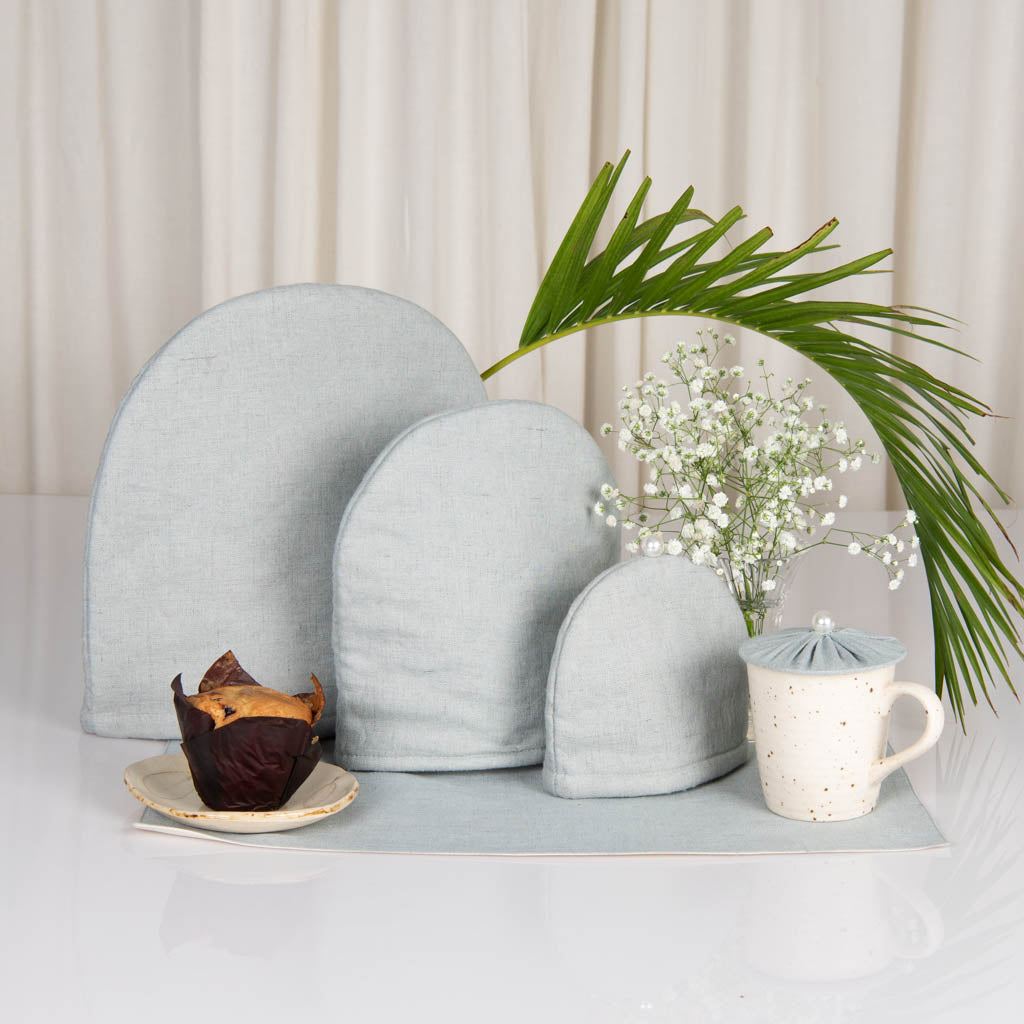 Aqua Grey linen tray mat, tea cosy, milk cosy and glass cover