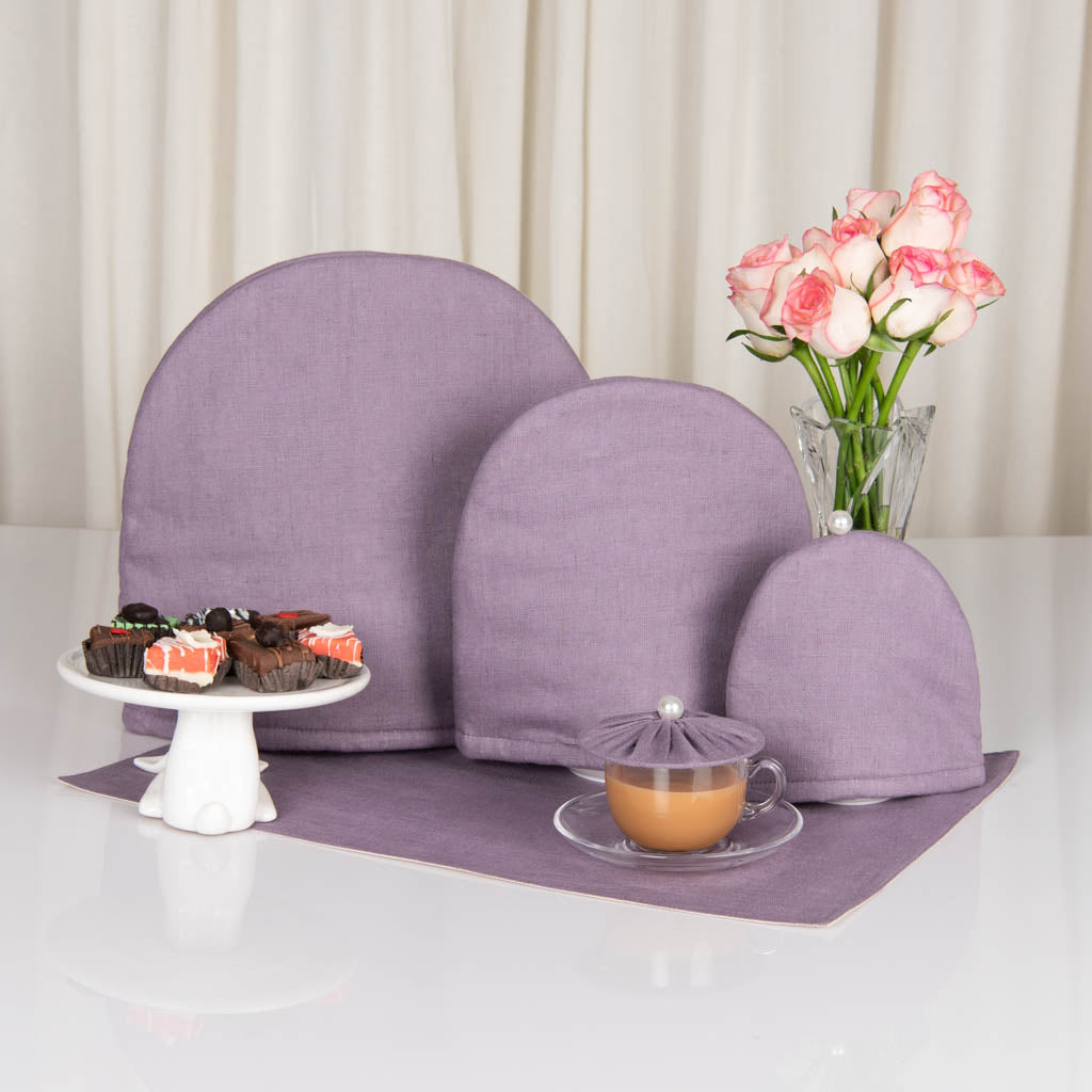 Amethyst Smoke linen tray mat, tea cosy, milk cosy and glass cover
