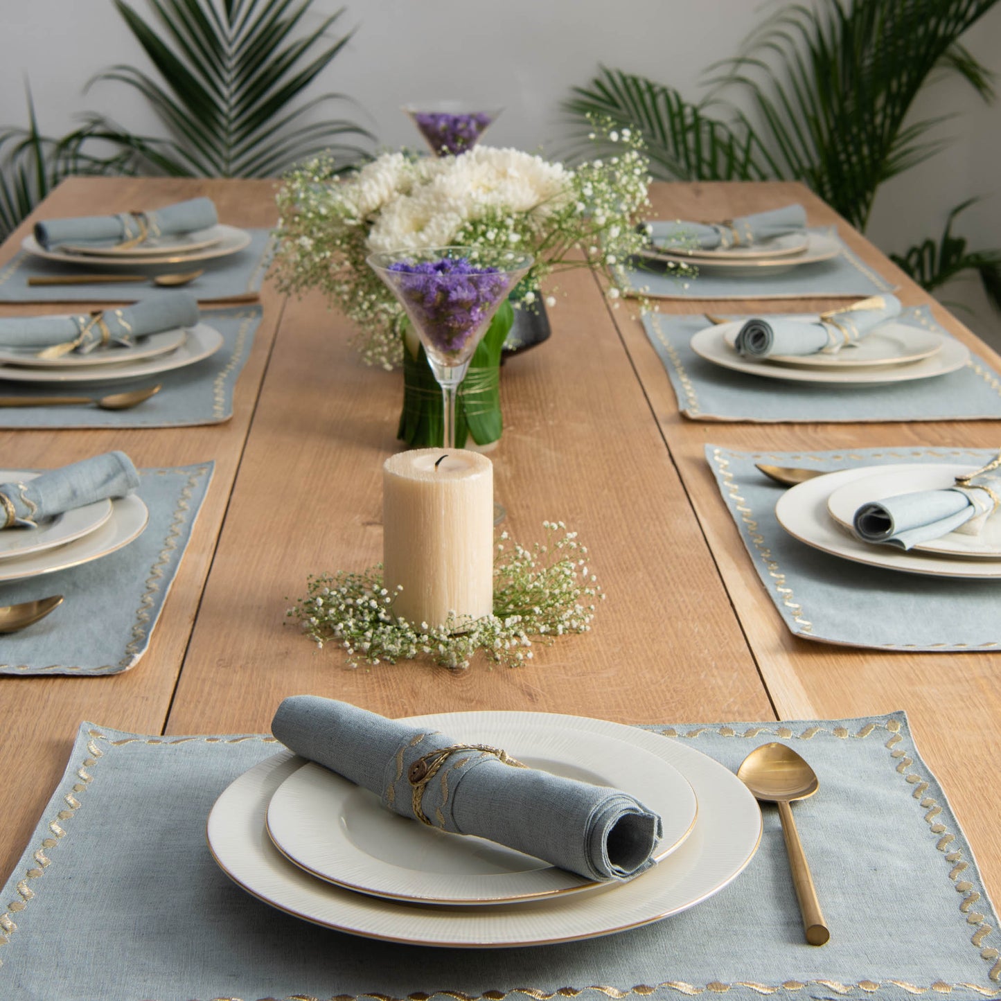 Gold embroidered table linen set aqua grey