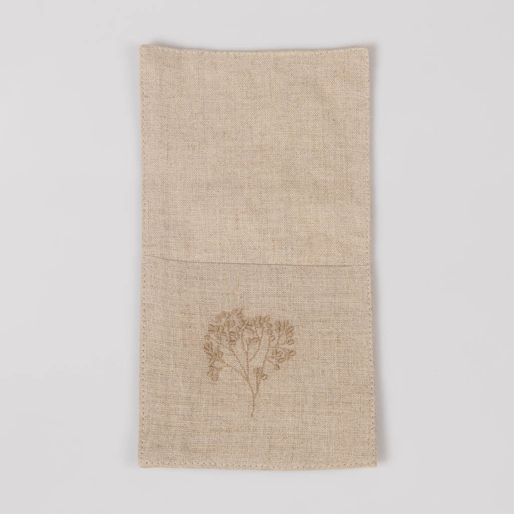 Embroidered natural linen single pocket cutlery holders