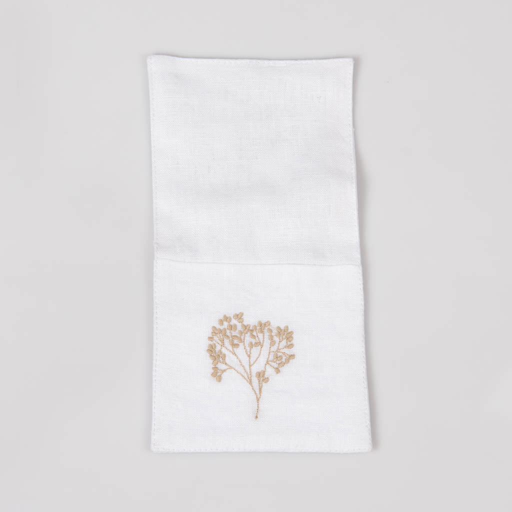 Embroidered white linen single pocket cutlery holders