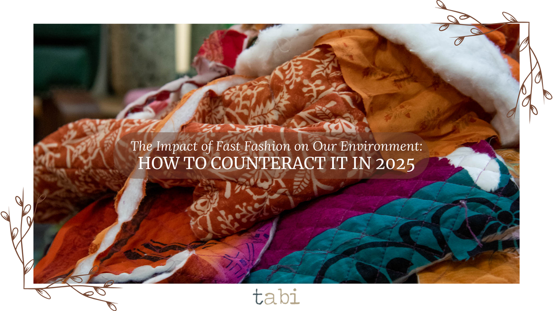 A vibrant pile of colorful fabric pieces is displayed, highlighting the pressing impact of fast fashion on the environment. The overlaid text emphasizes a collective effort to counter these effects by 2025.