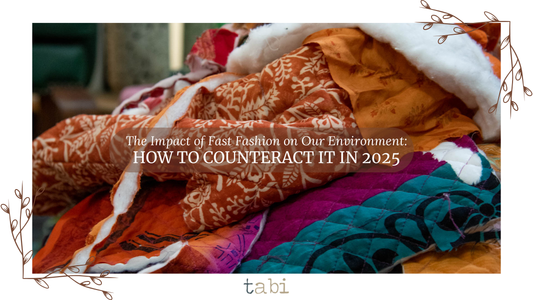 A vibrant pile of colorful fabric pieces is displayed, highlighting the pressing impact of fast fashion on the environment. The overlaid text emphasizes a collective effort to counter these effects by 2025.