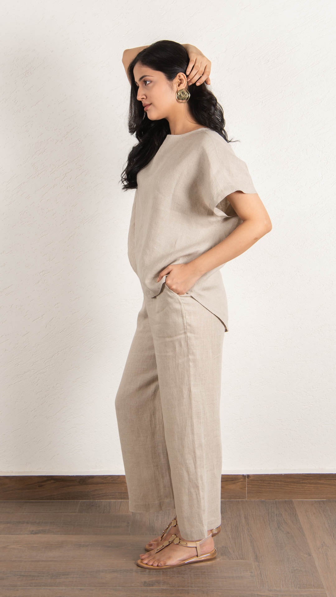 Natural Drop Shoulder Linen Top and wide linen pant coord set