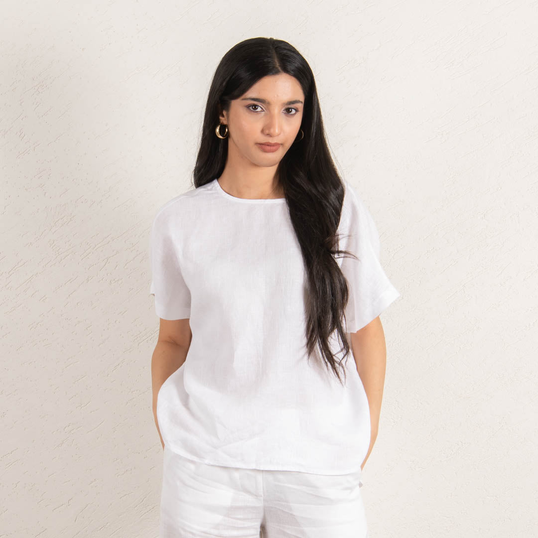 White Drop Shoulder Linen Top