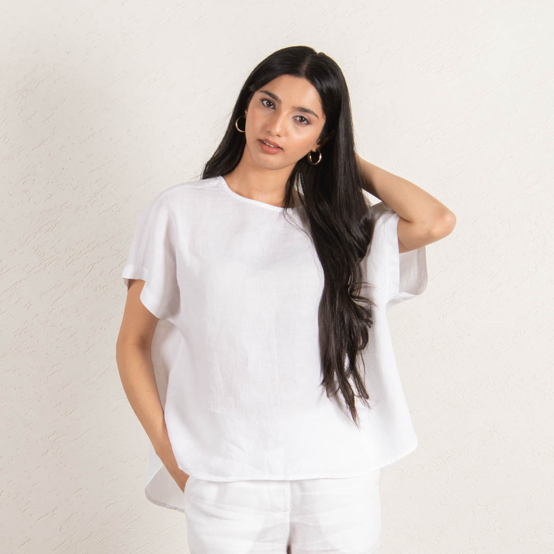 White Drop Shoulder Linen Top