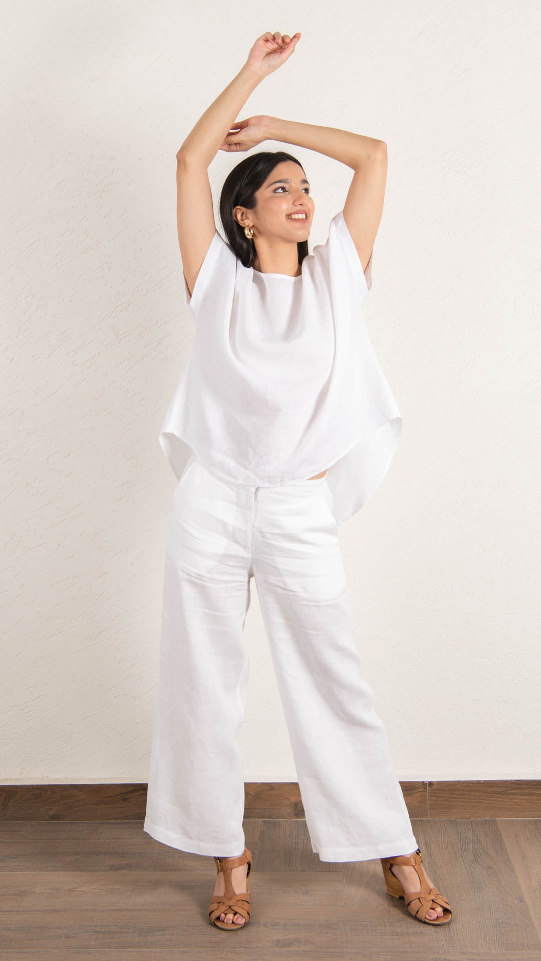 White Drop Shoulder Linen Top and wide linen pant coord set