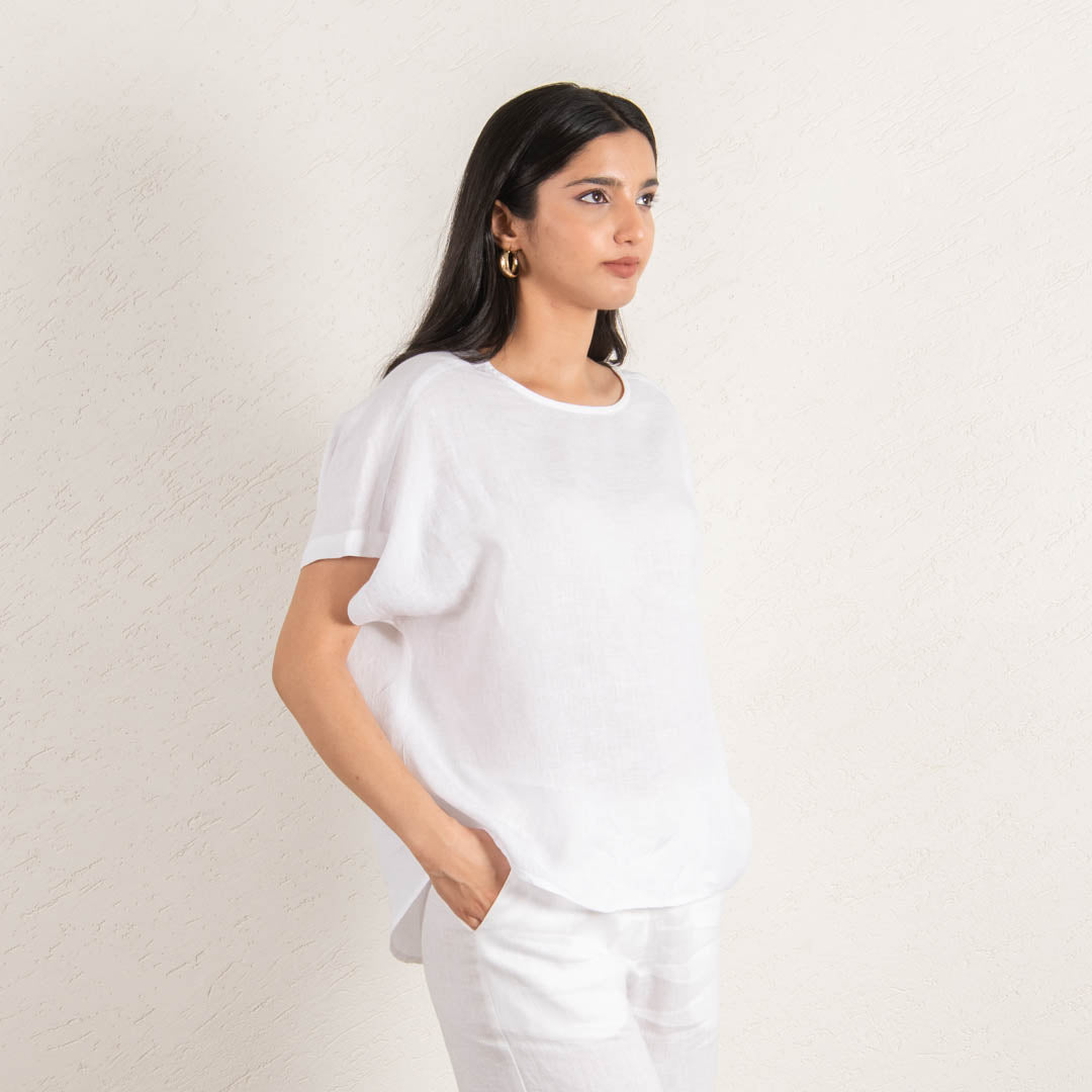 White Drop Shoulder Linen Top