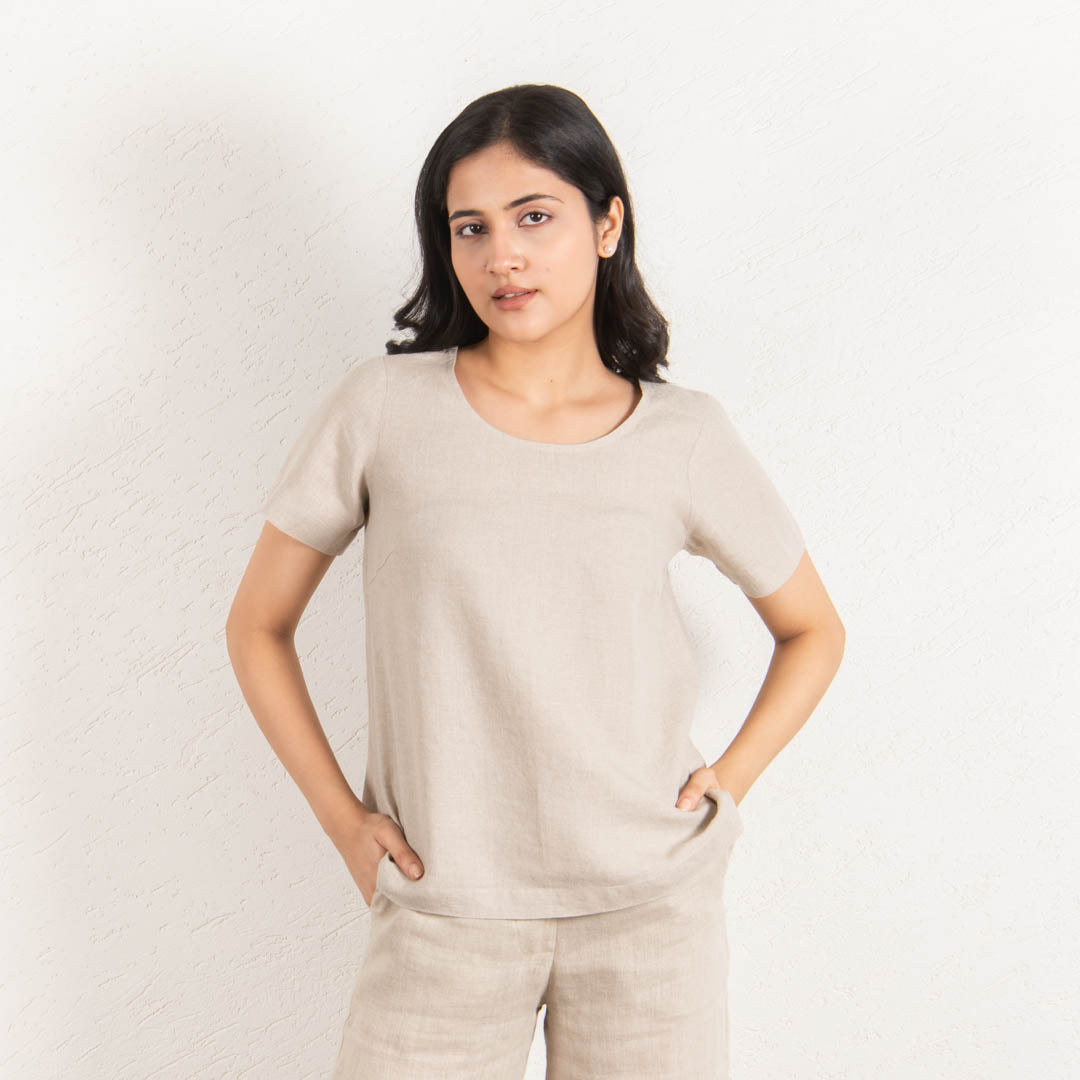 Shiort Sleeve linen top and wide linen pant co-ord set