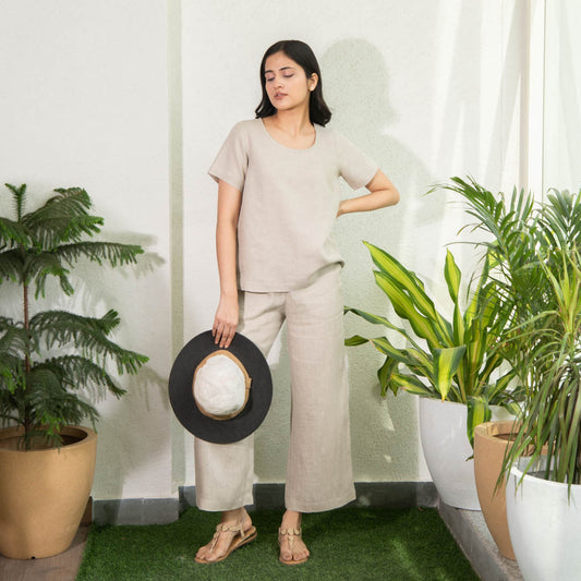 Shiort Sleeve linen top and wide linen pant co-ord set