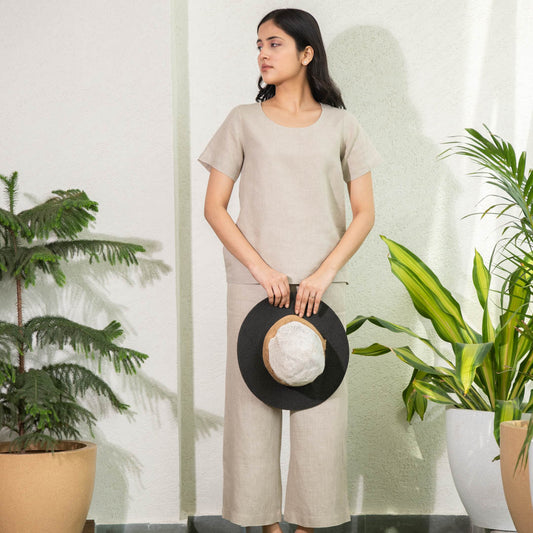 Shiort Sleeve linen top and wide linen pant co-ord set