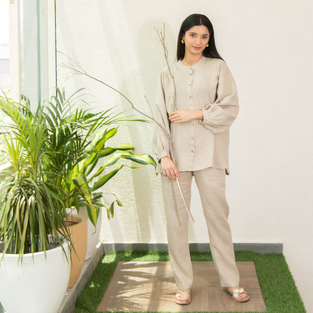 long sleeve linen shirt with straight linen pants