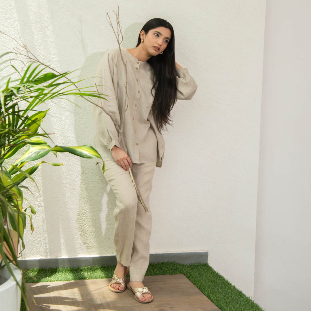 long sleeve linen shirt with straight linen pants