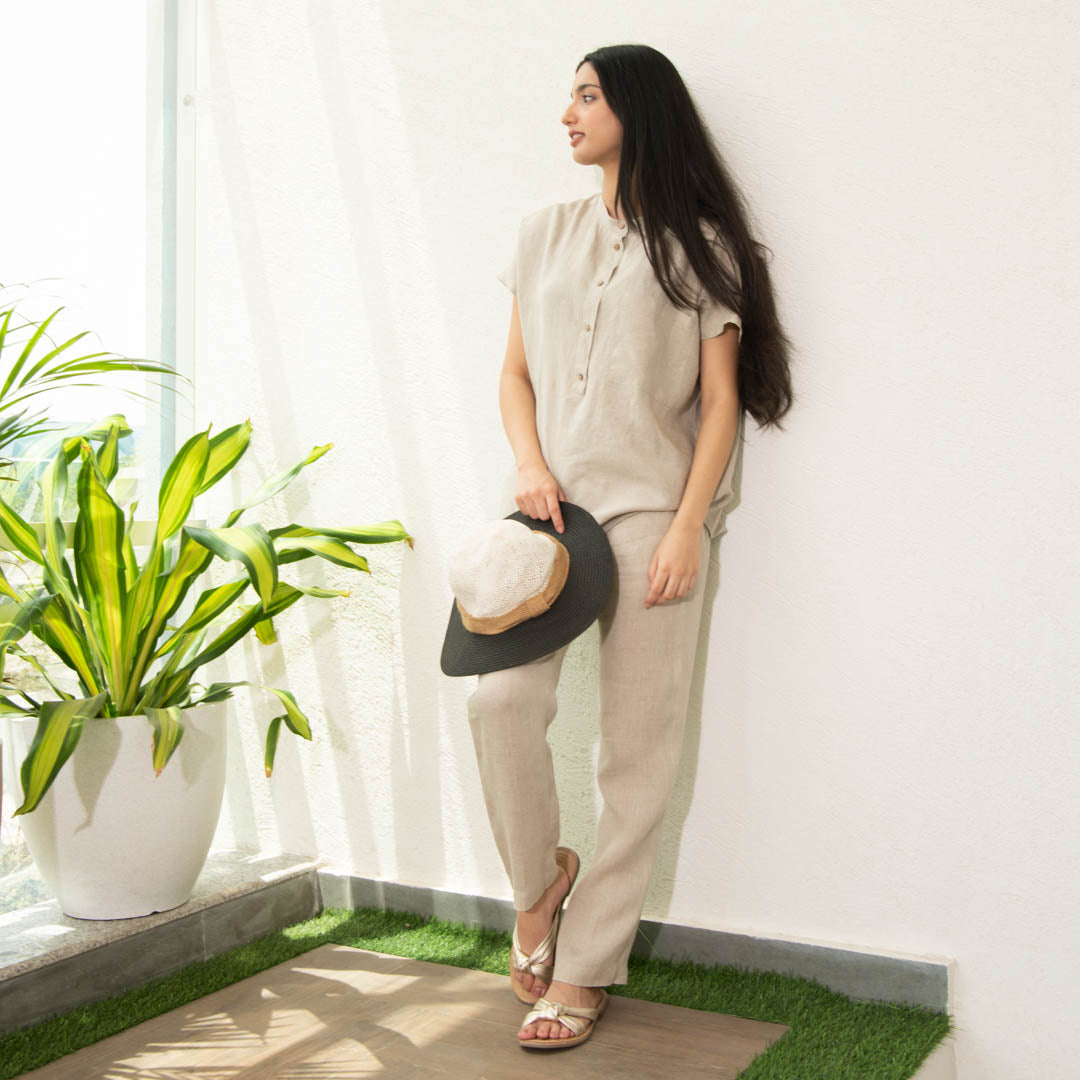 linen shirt with straight linen pants