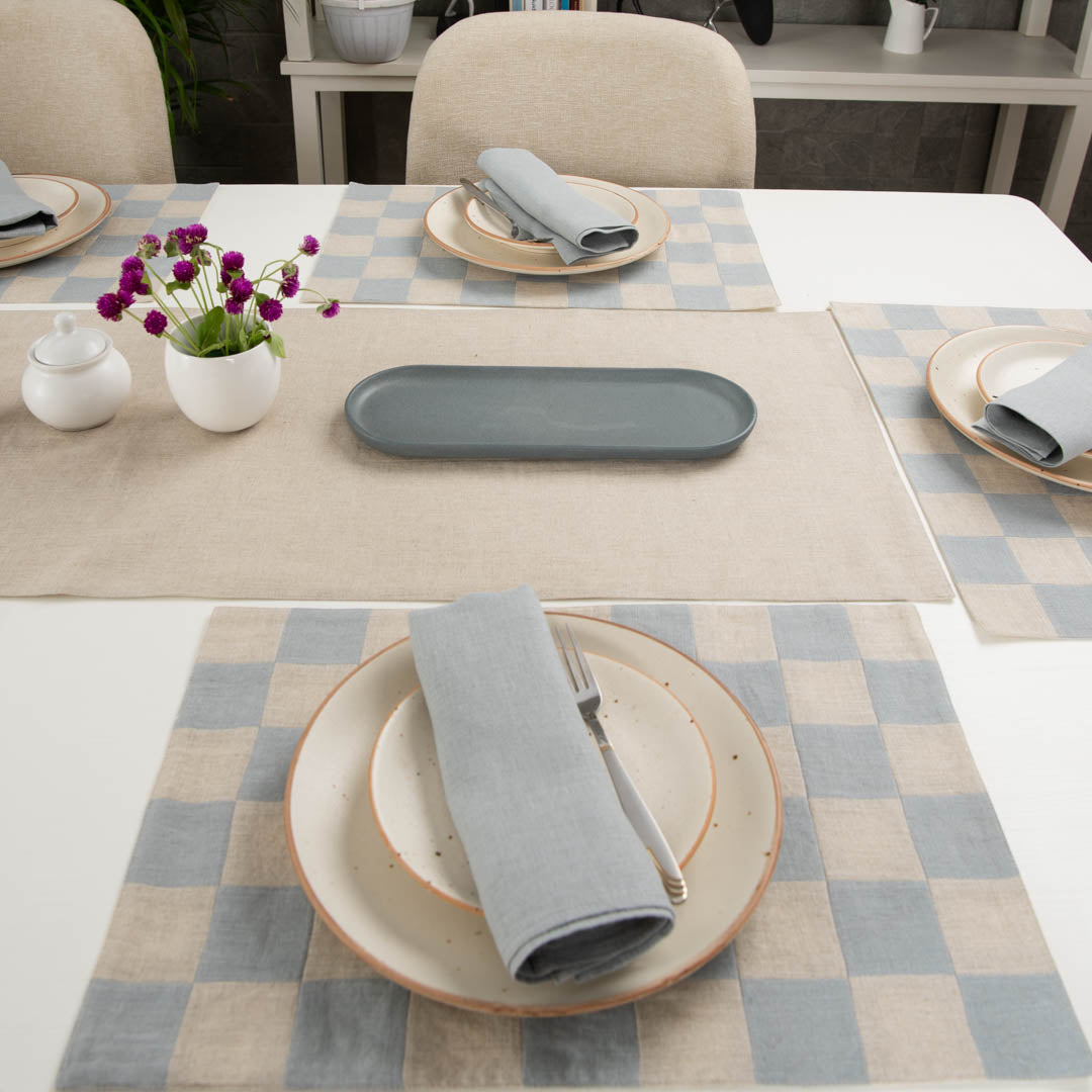 Aqua natural checkerboard linen table mats 