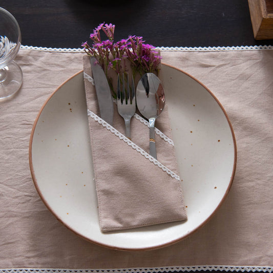Beige cotton linen double pocket cutlery holders