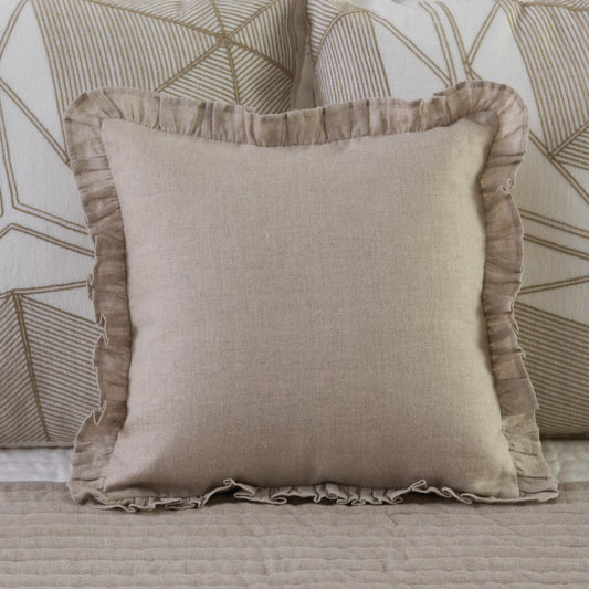 Dabra Ruffle edged linen cushion cover in natural