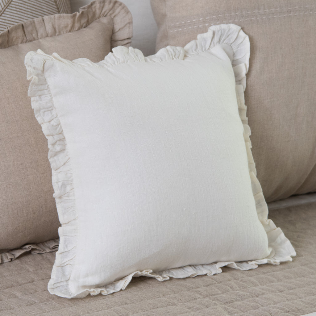 Dabra white linen cushion cover with ruffles