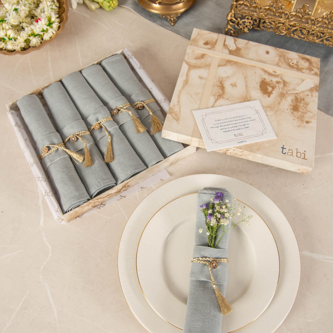 Aqua grey dinner napkins and napkin rings