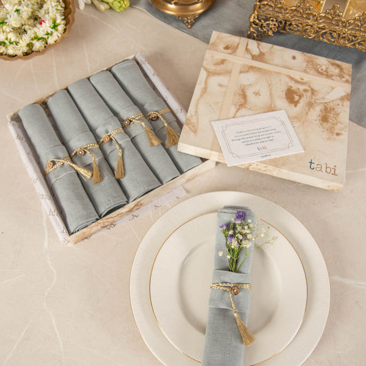 Aqua grey dinner napkins and napkin rings