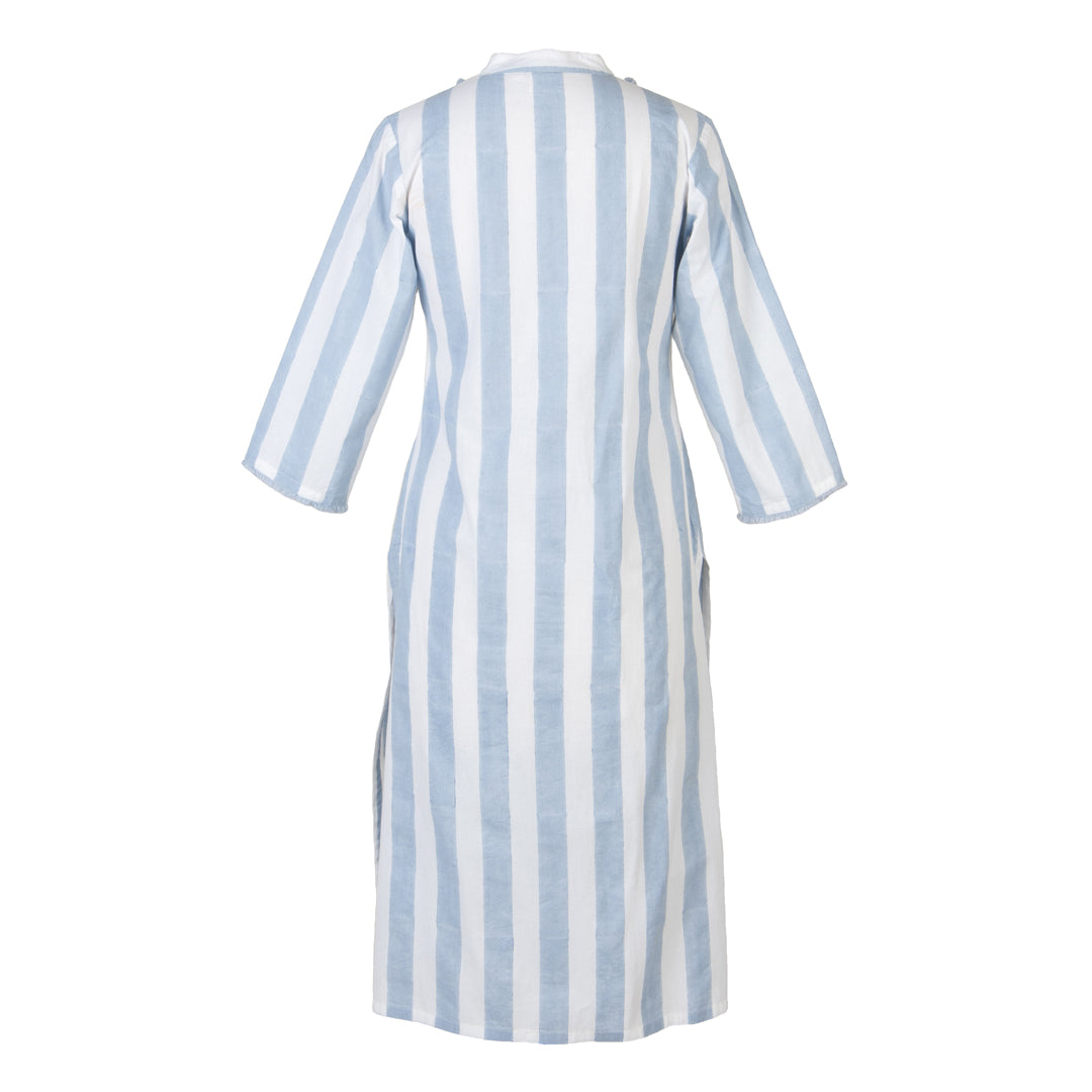 Blue and white striped dress on a white background