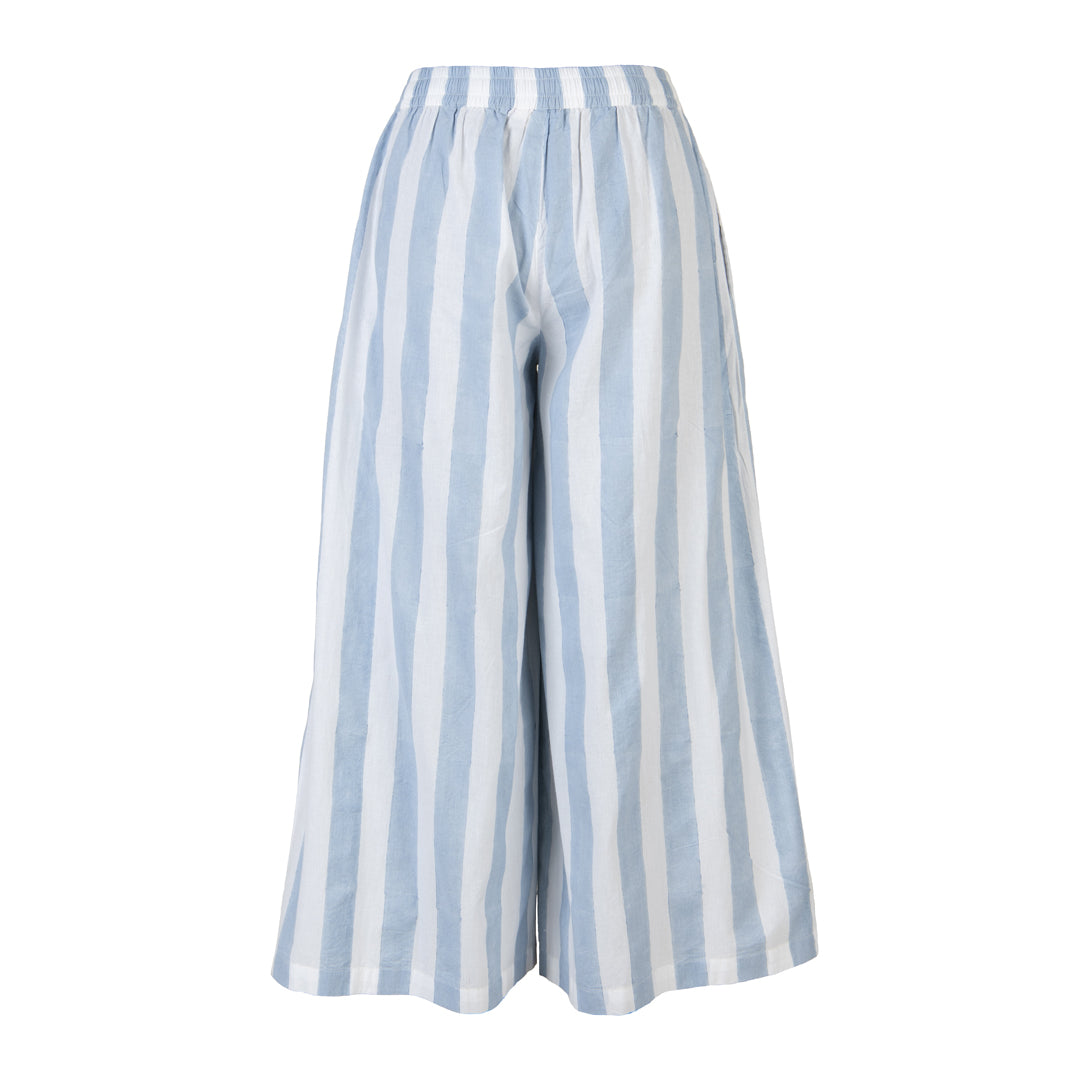 Blue and white striped wide-leg pants on a white background